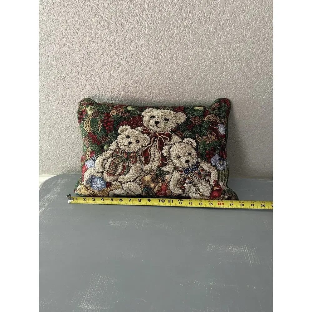 Tapestry Three Teddy Bear Christmas Throw Pillow 17x12 Gently Used